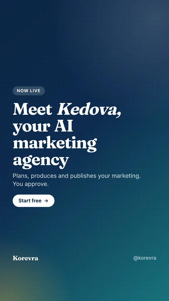 Example story creative: Meet Kedova, your AI marketing agency. Plans, produces and publishes your marketing. You approve.