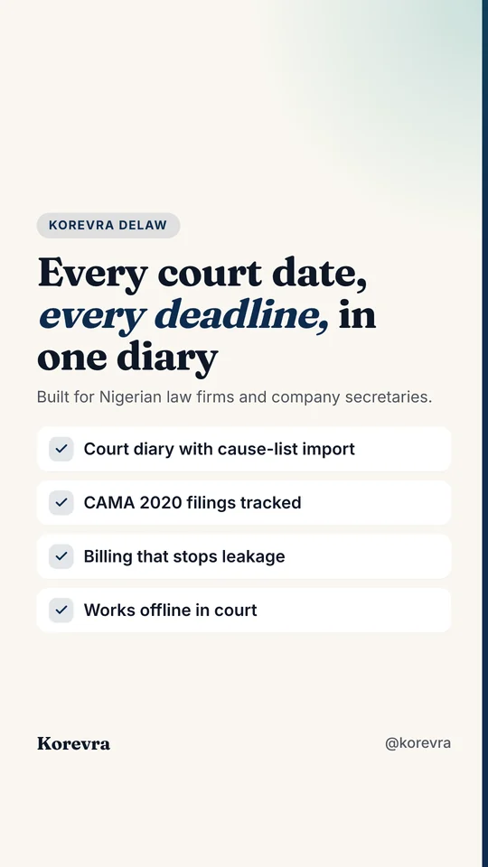 Example story creative: Every court date, every deadline, in one diary, with four feature ticks.