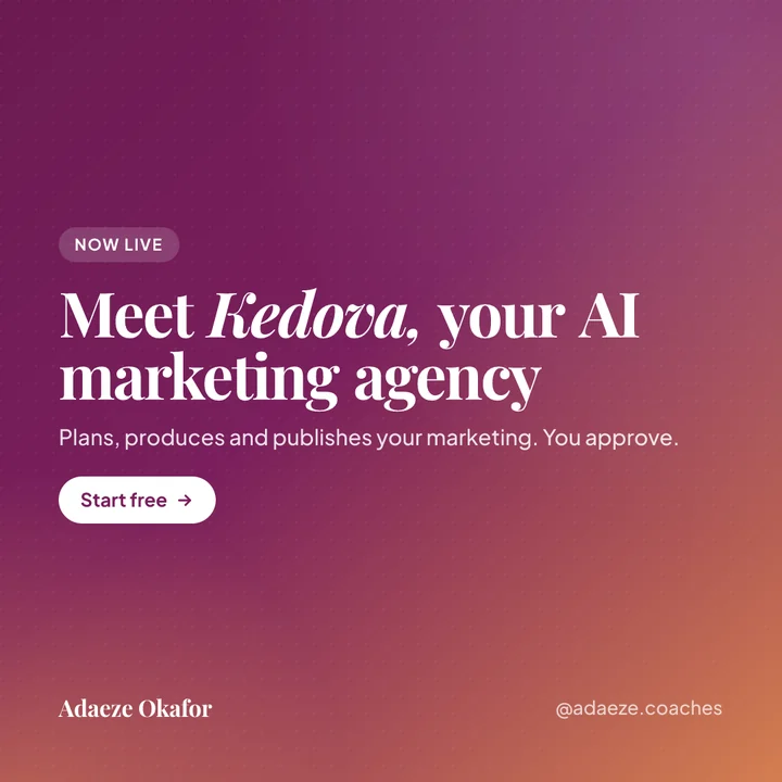 Example square creative in a plum and orange coaching brand kit: Meet Kedova, your AI marketing agency.