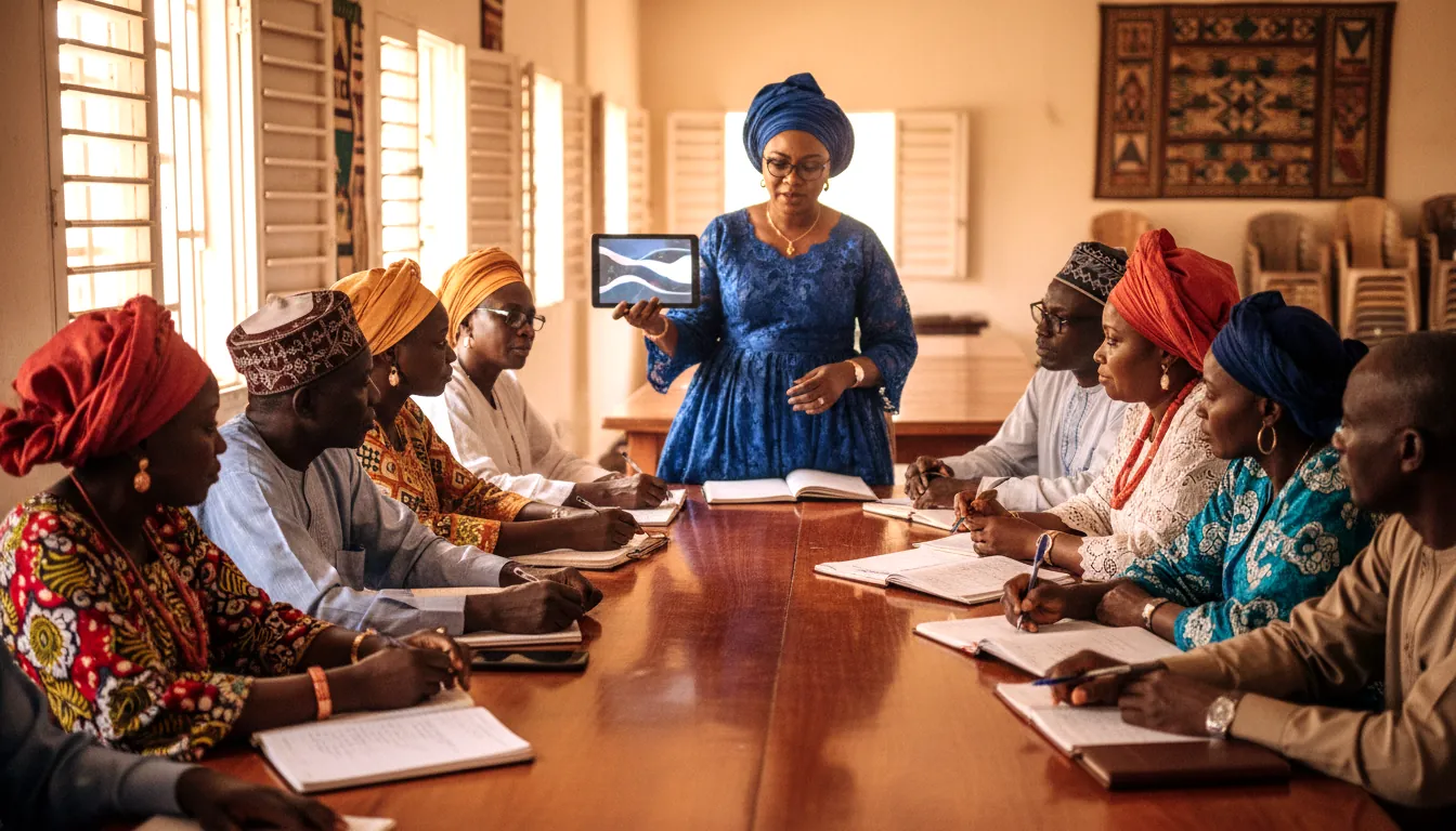 Members of a cooperative society around a long table as a woman presents from a tablet