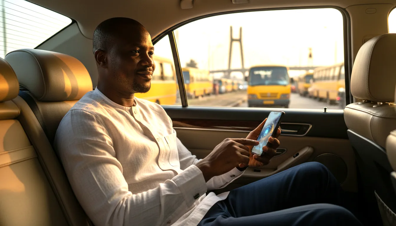 A founder in the back seat of a car in Lagos traffic at golden hour, tapping his phone, yellow buses outside