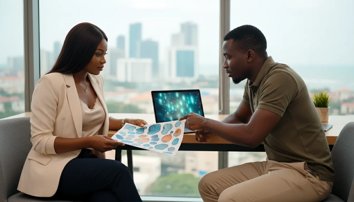Two marketing colleagues in a high-rise office reviewing a laptop and a proof sheet of colour swatches